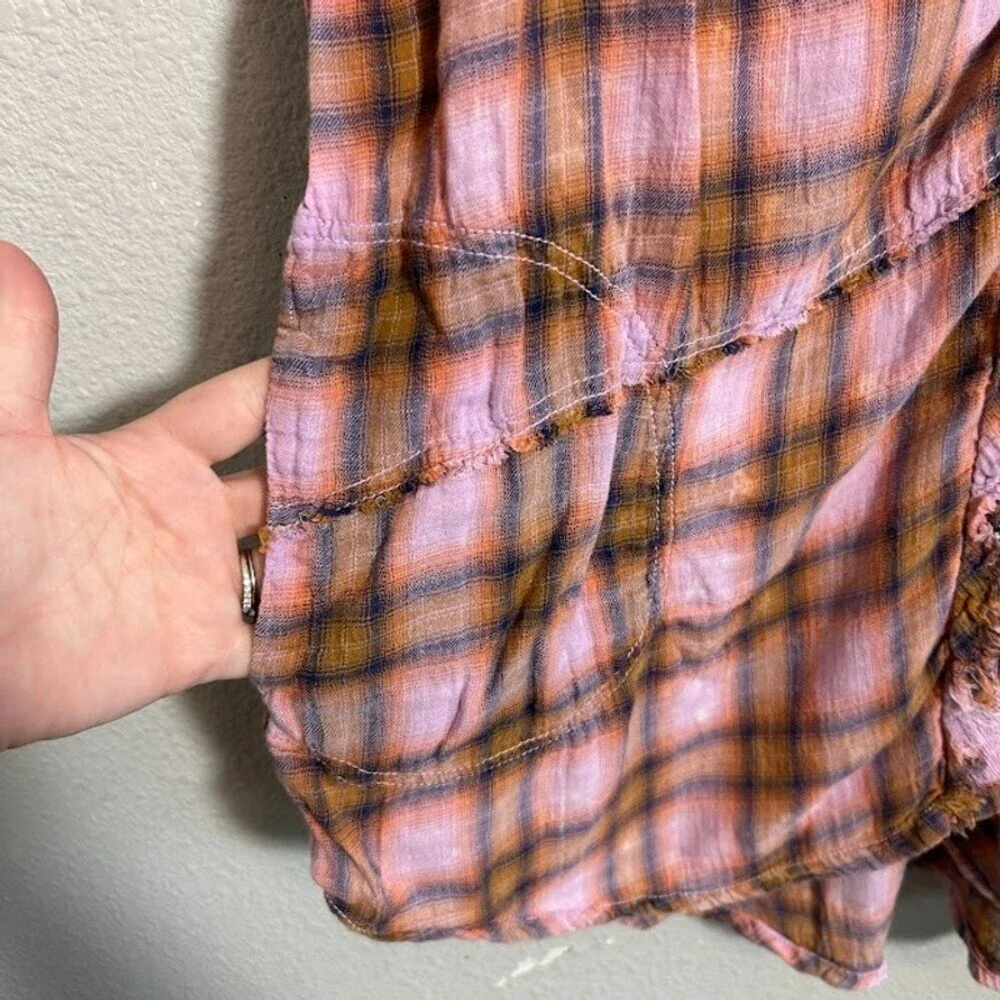 We The Free People One of the Boys Plaid Tunic Shirt S Pink Orange Boxy Popover - Picture 7 of 10